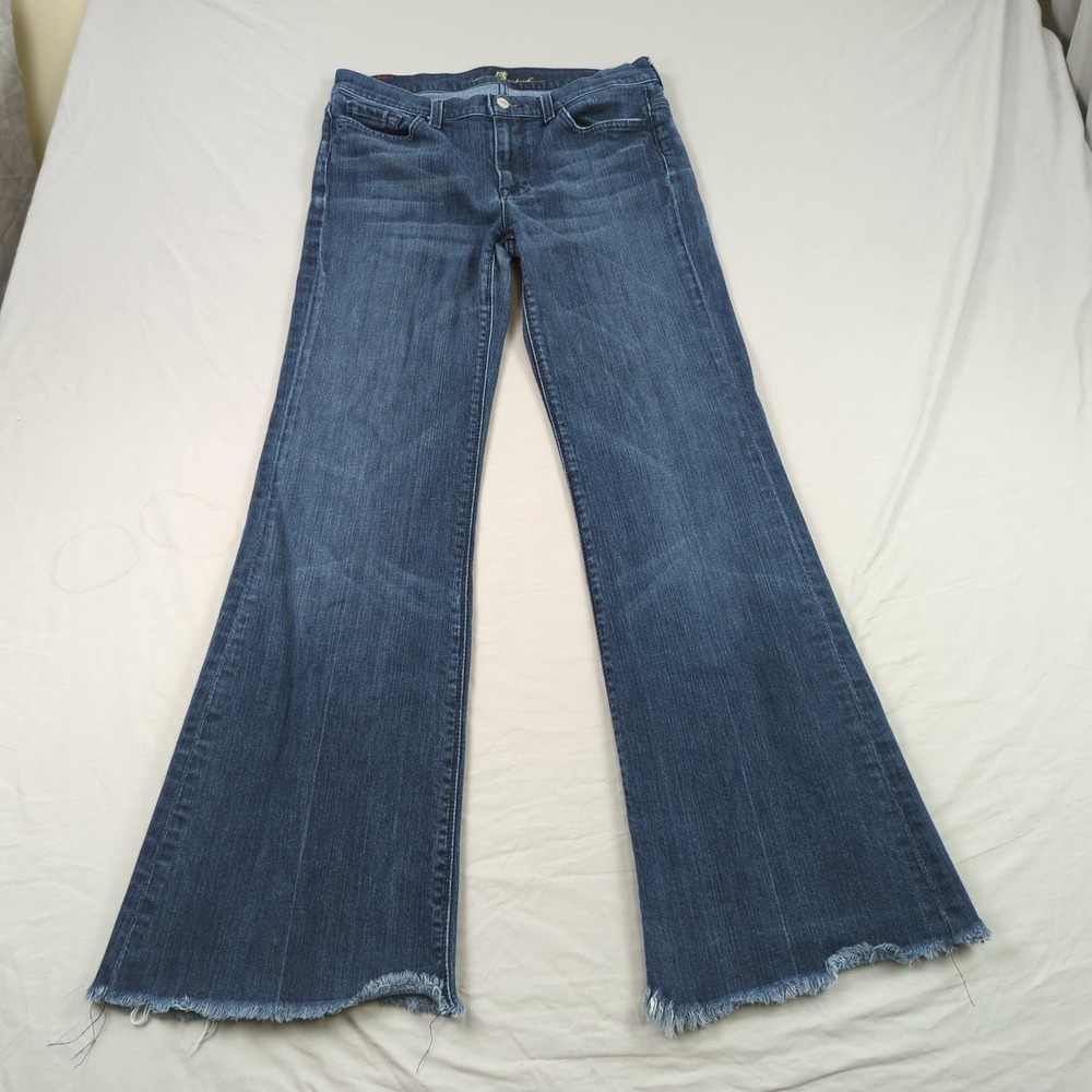 7 for all Manking Jeans Womens 31 Blue Ginger Flare Frayed Stretch Festival